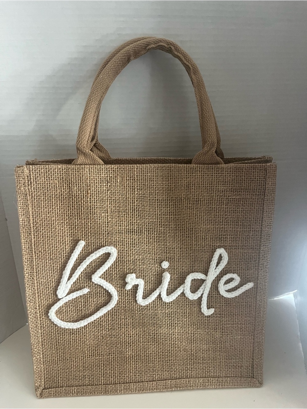NEW PERSONALIZED JUTE TOTE BAG- "BRIDE"- 12" X 12"